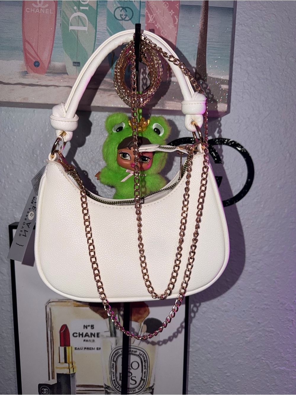 White Women's Shoulder Bag with Gold Chain - stylish for night out!!!
